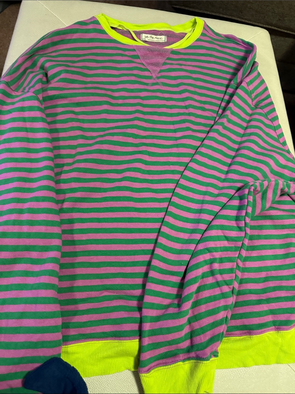 We The Free Neon Lime Trim Pink Knit Crew - Picture 3 of 3
